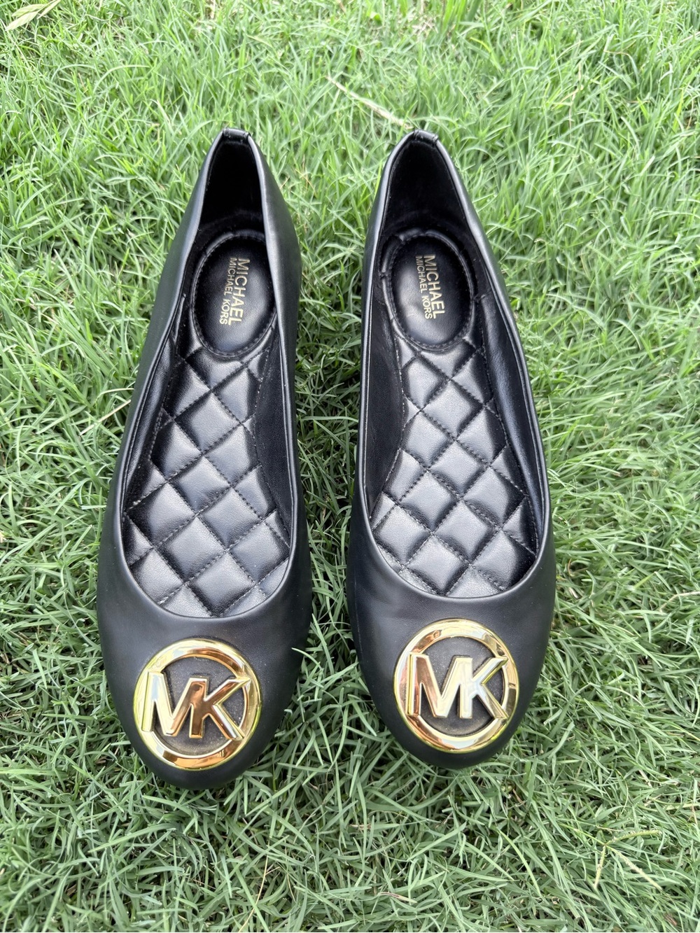 MICHAEL Michael Kors Black Leather Quilted-Insole Flats with Gold MK Emblem